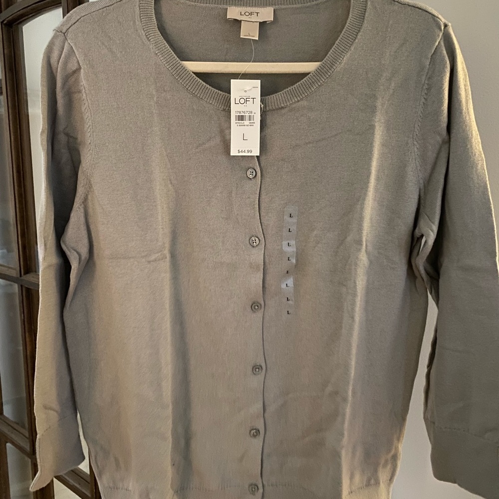Loft Button-Up Cardigan 3/4 Sleeves, Taupe, L; Brand New and never worn